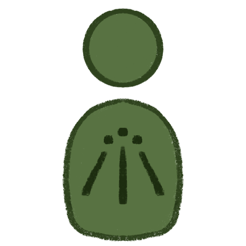  A green bust of a person with a symbol of their chest. The symbols consists of three lines that point upwards towards a centre point. They are wider at the bottom and taper at the top. There is a dot at the top of each line.